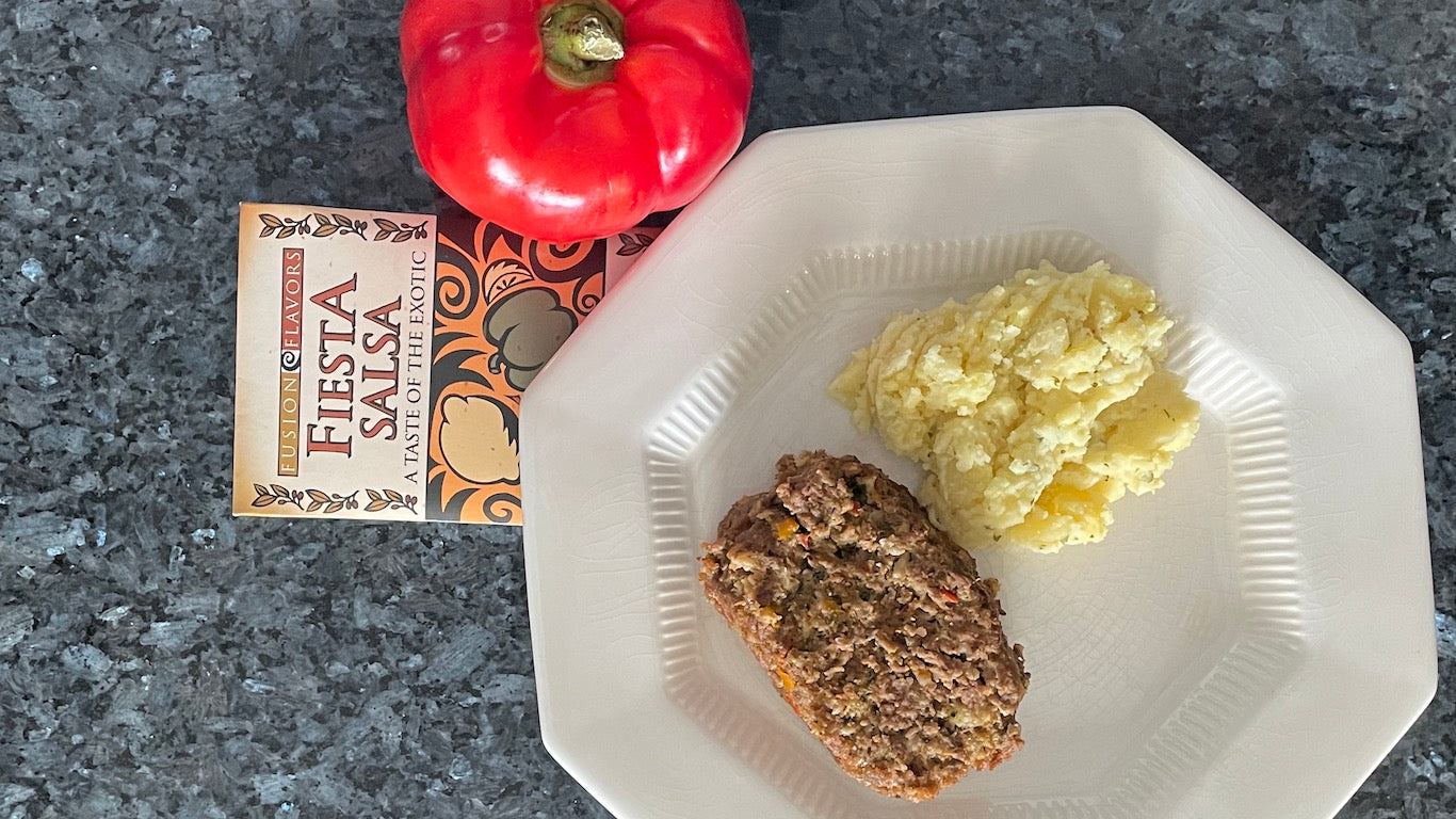 Meatloaf and Mashed potatoes made with Fusion Flavors Fiesta Salsa seasoning blend