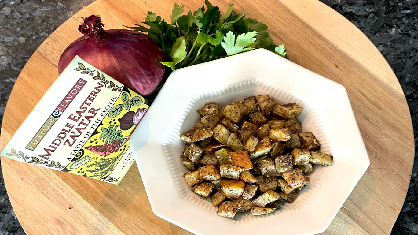 Plate of roasted potatoes with Fusion Flavors Za'atar seasoning