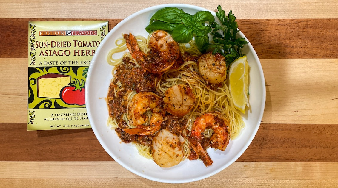 Seafood Marinara with Shrimp, Scallops made with Sun-dried Tomato Asiago seasoning blend from Fusion Flavors