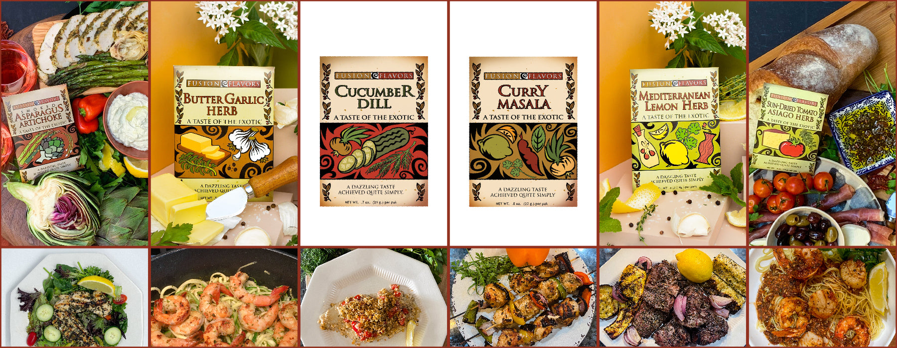Collection of Fusion Flavors seasonings with entrees they were used to cook.